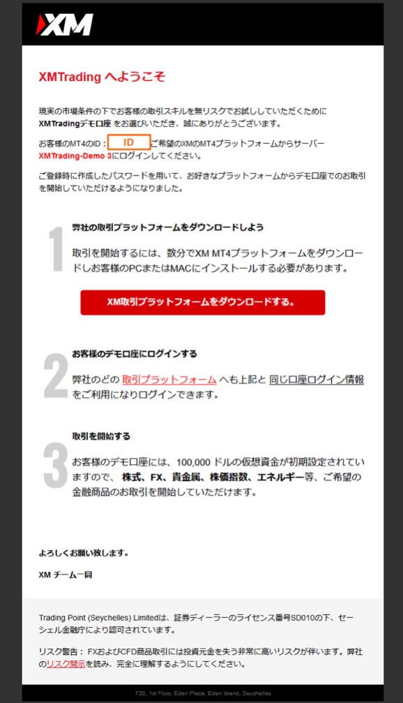 XMからのメール。デモ口座のIDとパスワードが記載。