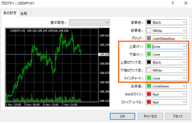 色の設定」タブ