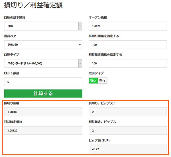 損益計算ツール計算結果