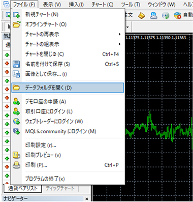 MT4のメニューバーの「ファイル」から「データフォルダを開く」を選択