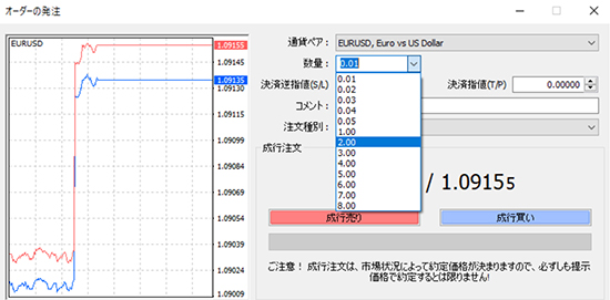 数量のプルダウンで希望のロット数を選択
