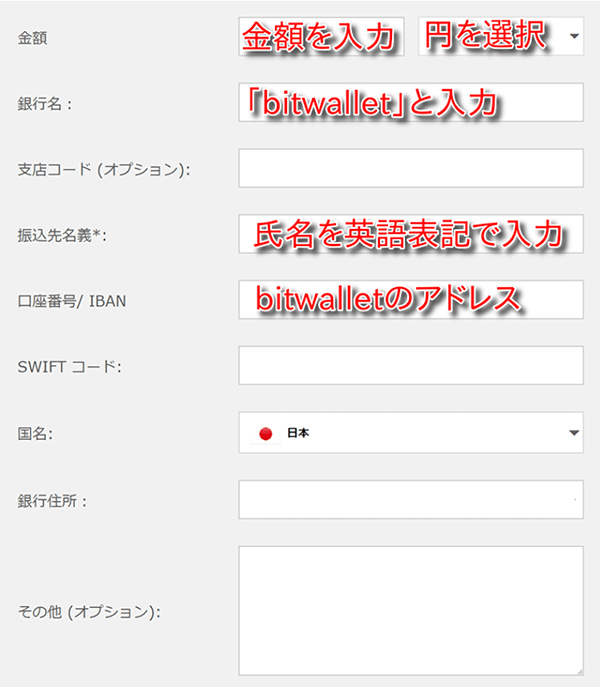 bitwallet出金の入力例
