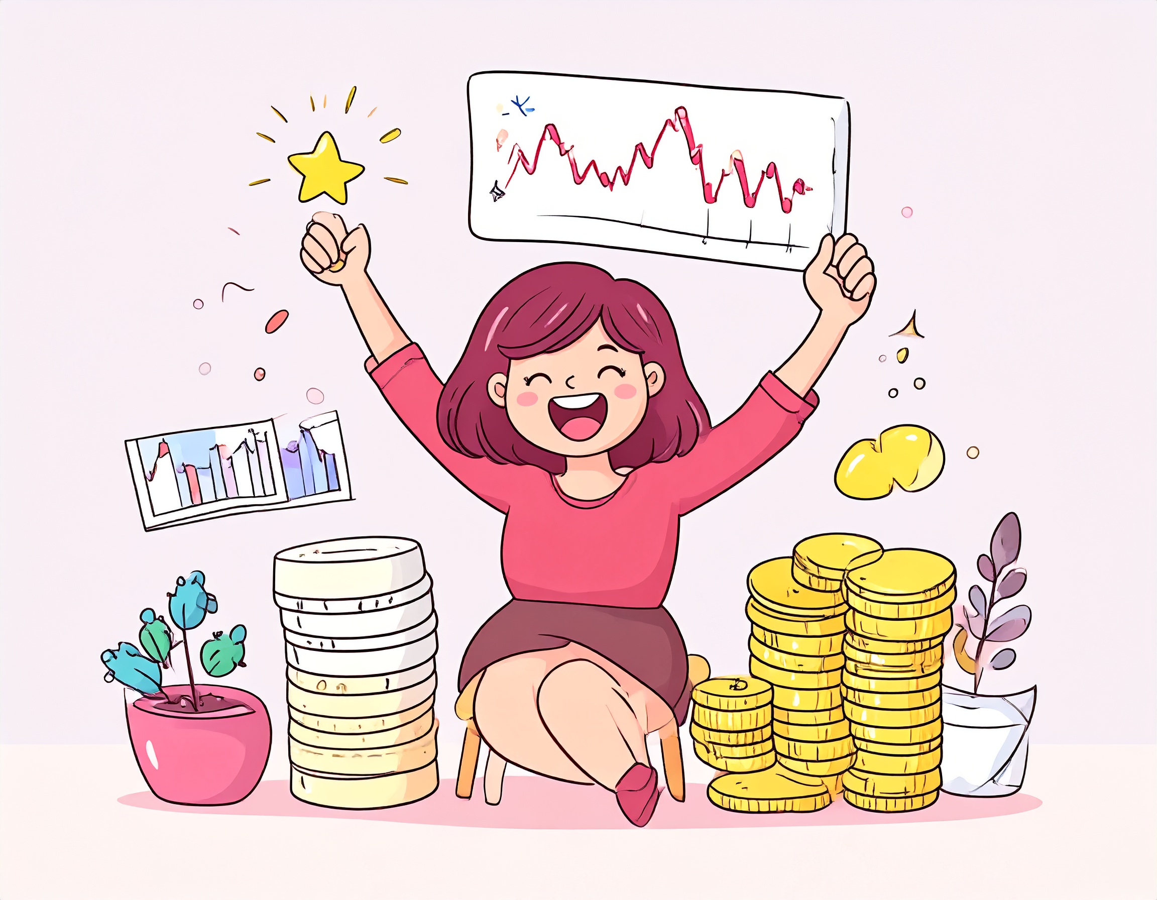 FXのスキャルピングトレードで勝利を重ね、喜んでいる女性。