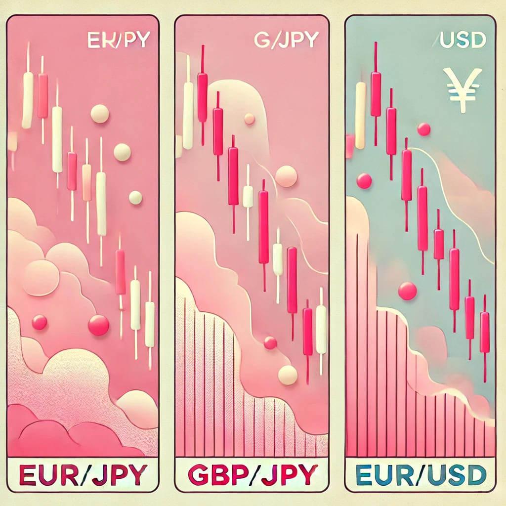 ユーロ/円…下落トレンド、ポンド/円…下降トレンド、ユーロ/ドル…下降トレンドの為替チャート