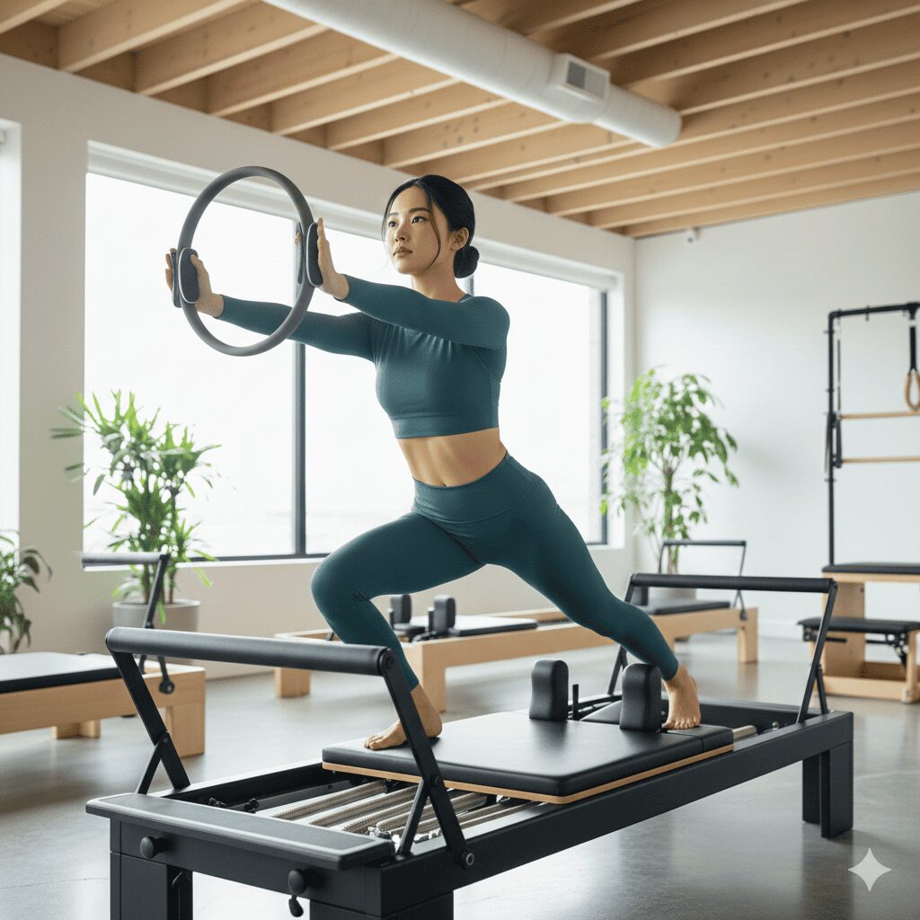 デスクワーク中心のトレーダーが、身体の限界を感じてマシンピラティスを始めた話 リングを持ちながらマシンピラティスの上でポーズを取る女性