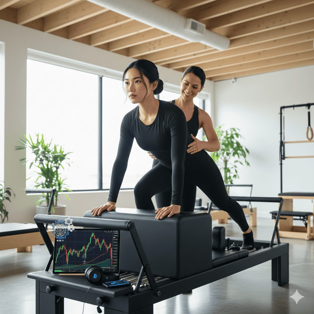 デスクワーク中心のトレーダーが、身体の限界を感じてマシンピラティスを始めた話 マシンピラティスのレッスンを受ける女性トレーダーとインストラクター