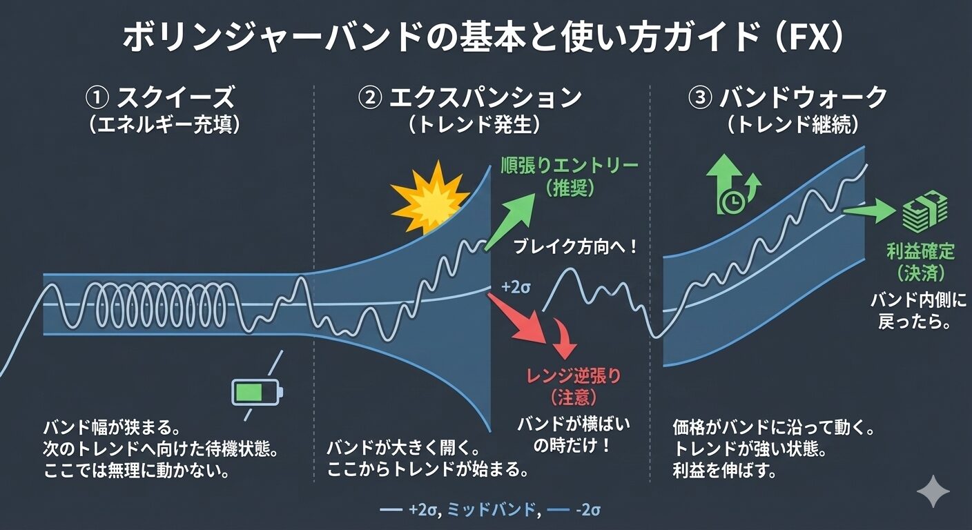 FXにおけるボリンジャーバンドの使い方を解説します。 ボリンジャーバンドの基本と使い方ガイド