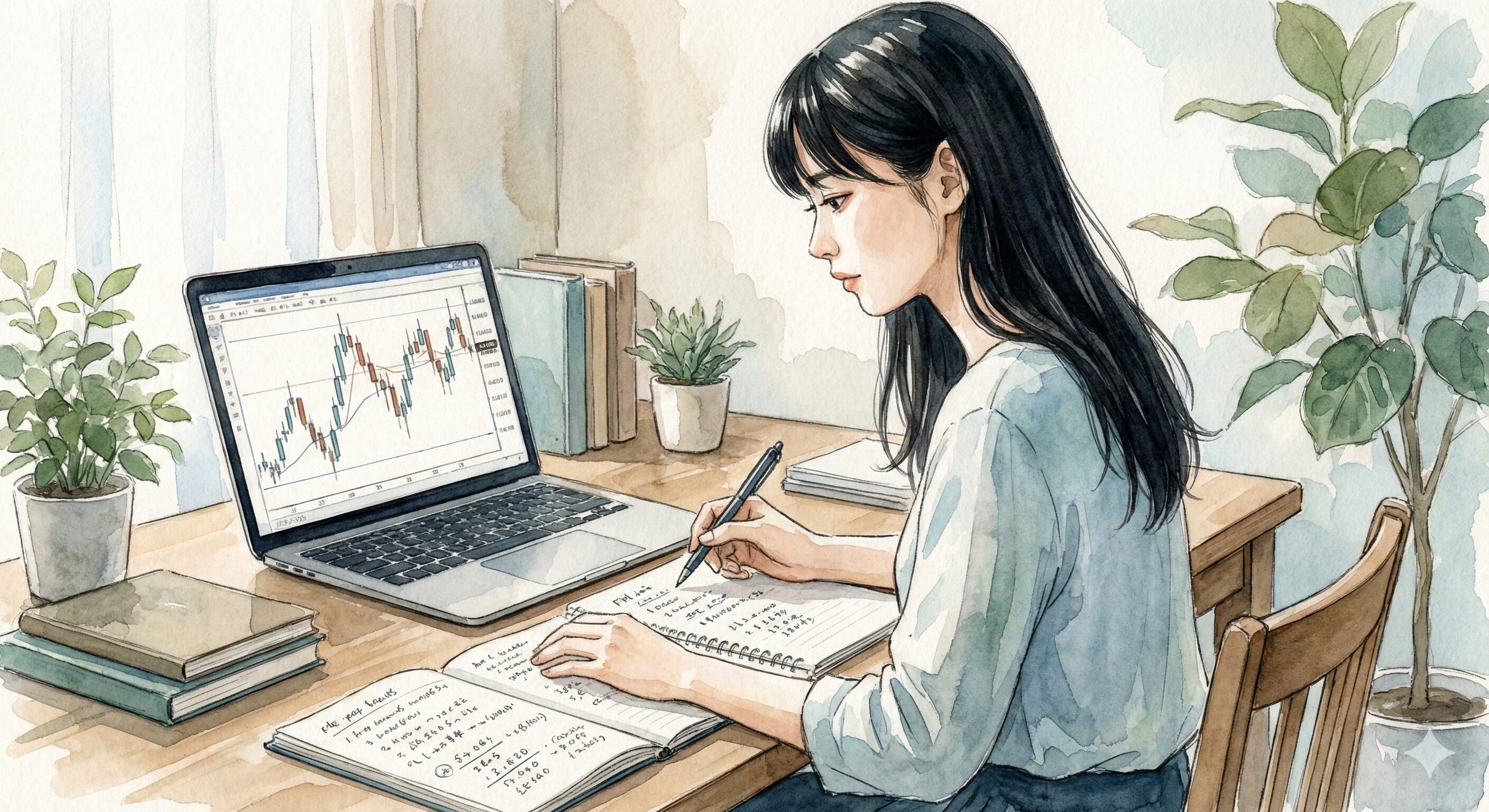 FXの過去検証をしている黒髪ロングの女性