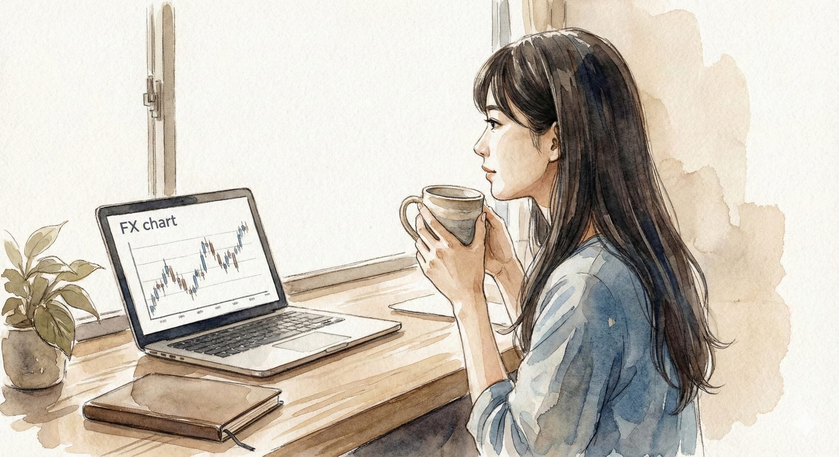 FXの過去検証をちょっと一休みしている黒髪ロングの女性。コーヒーを飲んでいるところ