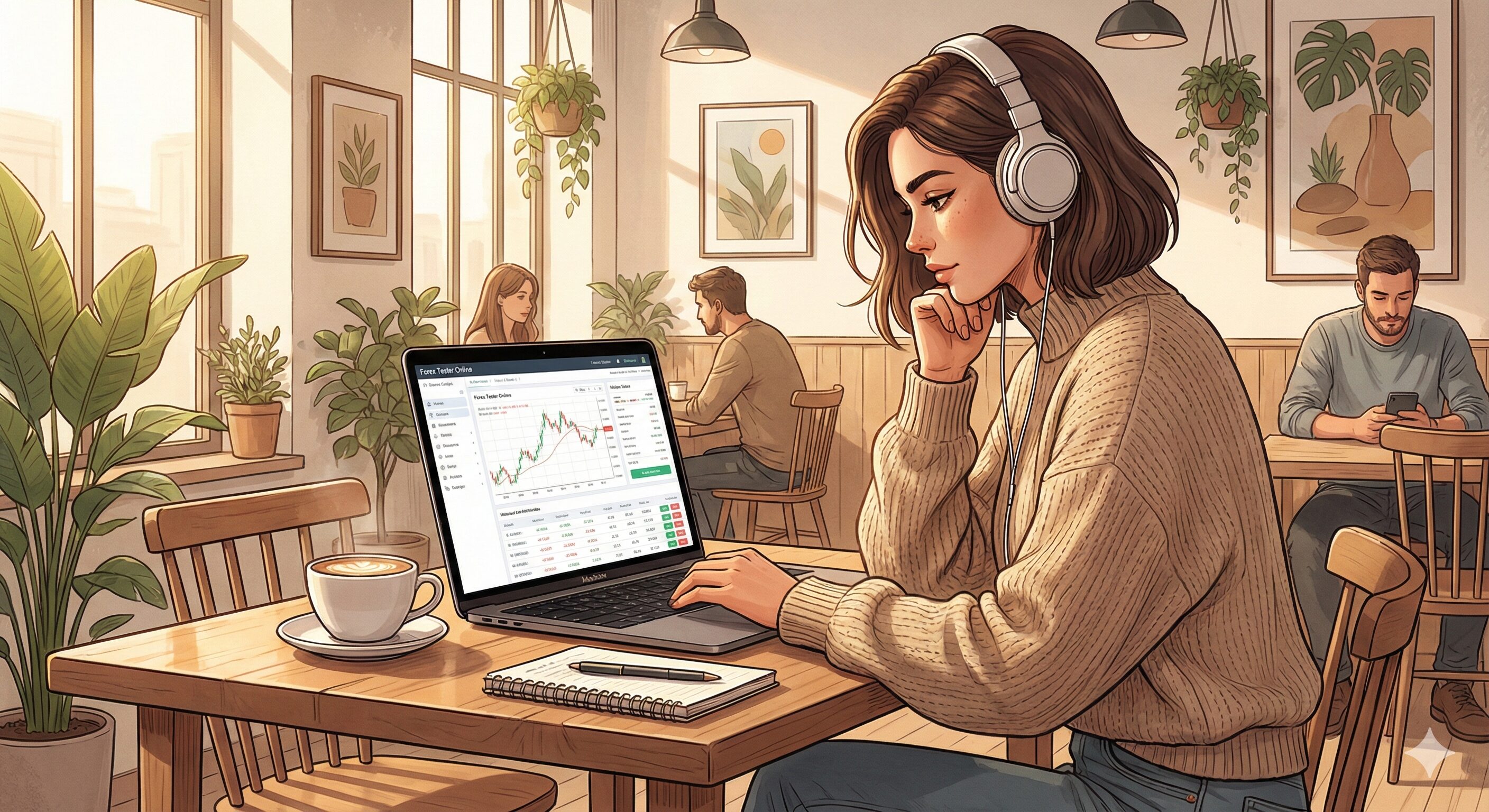 【もう戻れない】フォレックステスターオンラインを本音レビュー|TradingViewリプレイと徹底比較 カフェでフォレックステスターオンラインで過去検証している女性