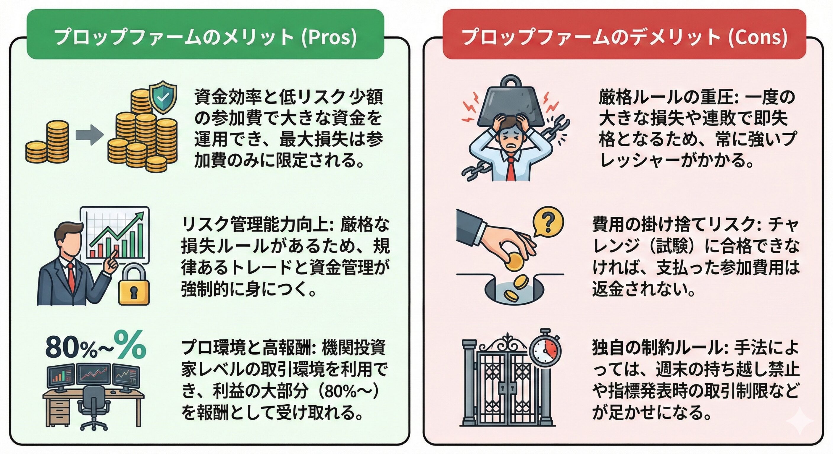 プロップファームはどこがいい?目的別おすすめ業者+比較表つき プロップファームのメリットとデメリット各3点