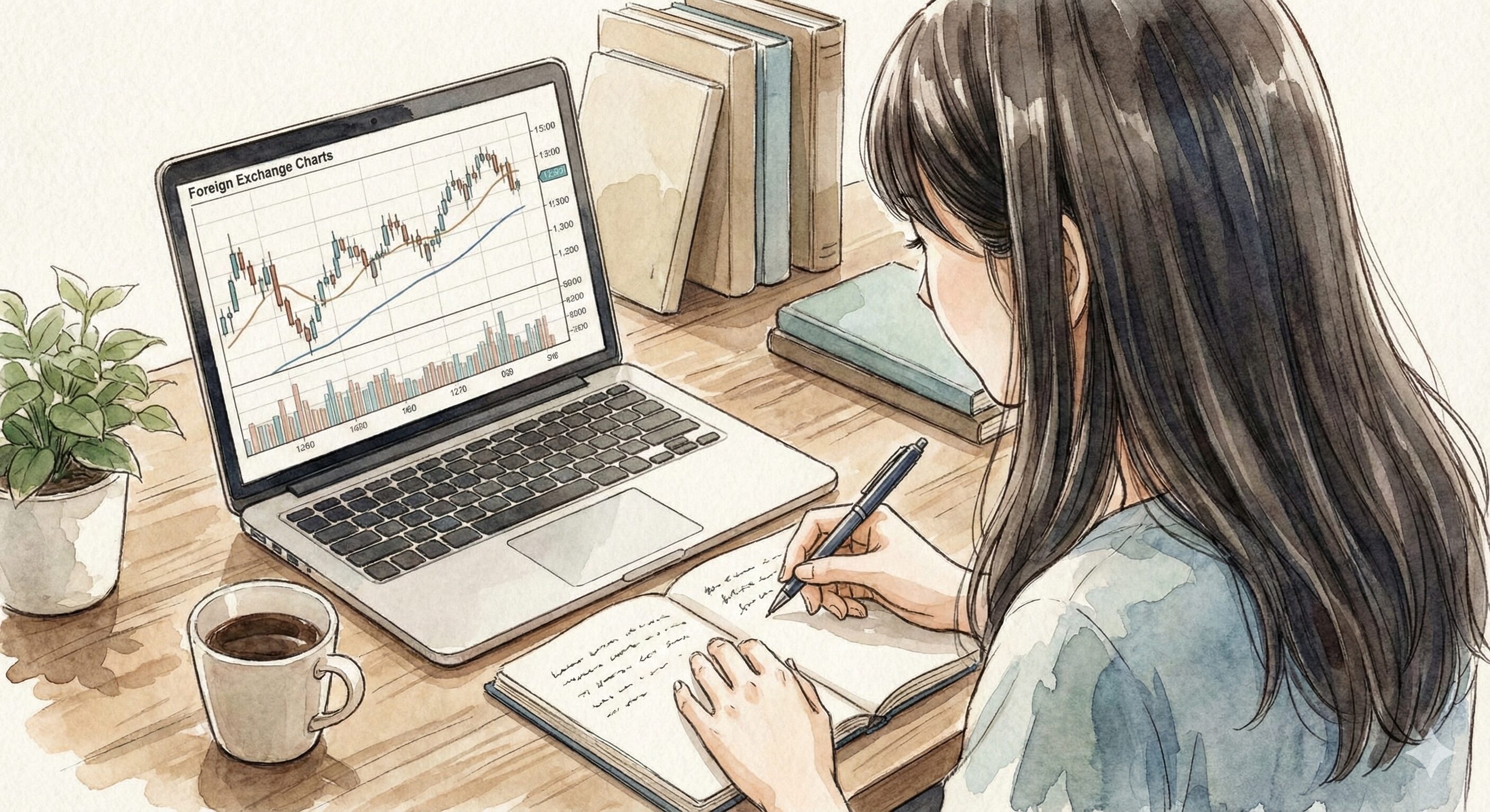 FXの過去検証をしている黒髪ロングの女性の別アングル