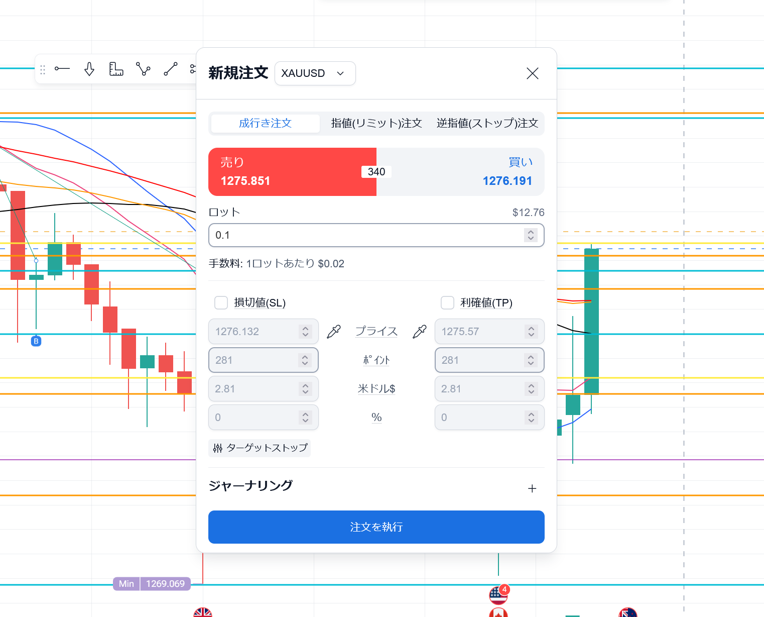 フォレックステスターオンラインの新規注文画面